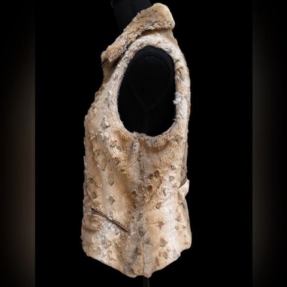 GO COCO FAUX FUR BROWN & CREAM PLUSH TEXTURED COZY SLEEVELESS FULL ZIP VEST SZ L - Picture 7 of 10